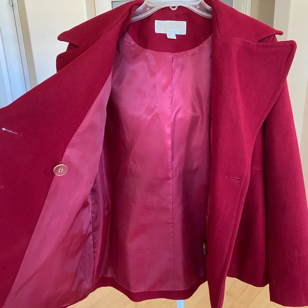 Michael Kors Wool Blend Double Breasted Burgandy Red Pea Coat with Logo Buttons